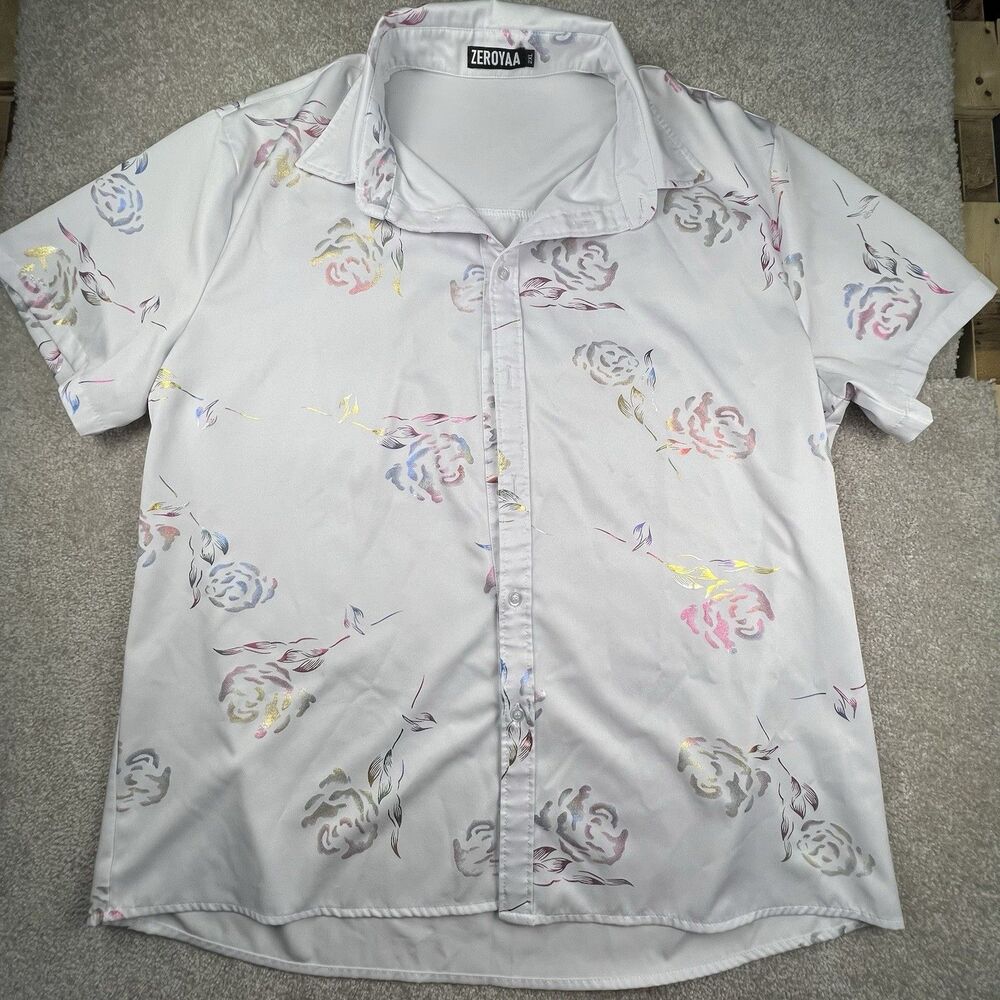 Zeroyaa Shirt Mens 2XL Pink Gold Flowers Short Sleeve Casual‎ Lightweight